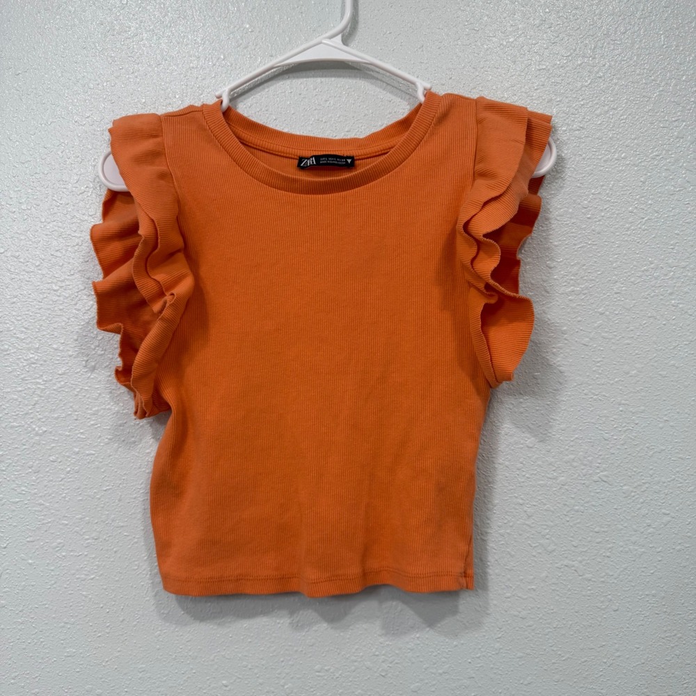 Zara Women Orange Ribbed Ruffle Sleeve Knit Top Size L Crew Neck Cropped BE20